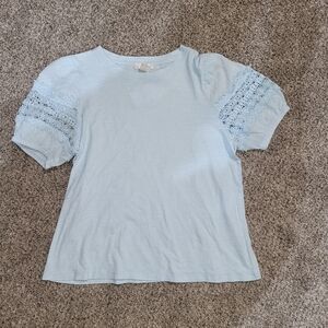 Design History Womens Large Blue Puff Ornate Short Sleeve Comfort Casual Shirt